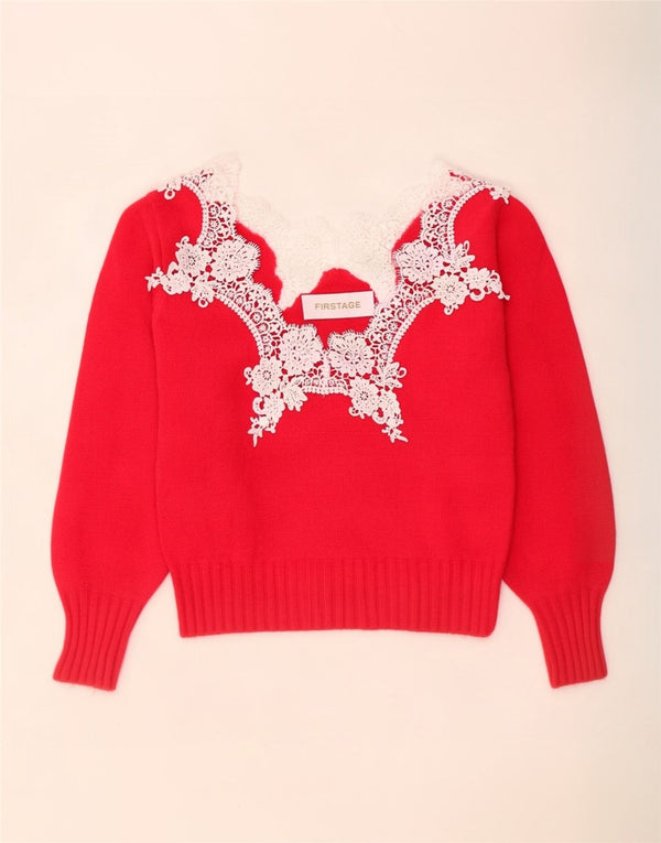 Vintage Kvinders Boat Neck Jumper Sweater UK 14 Medium Red Floral Acryl