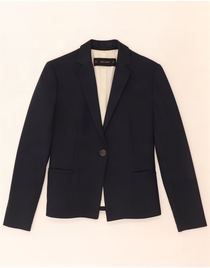Zara Dame 1 Knap Blazer Jacket UK 12 Medium Navy Blue Bomuld