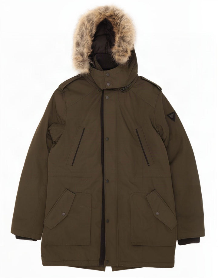 Guess Herre Military Hooded Parka Jacket UK 40 Large Khaki Polyester