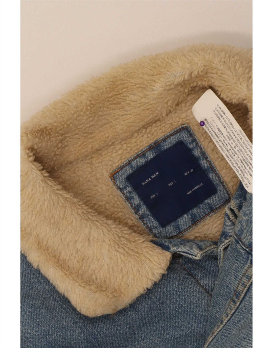 Zara Herre Sherpa Denim Jacket UK 40 Large Blue Cotton