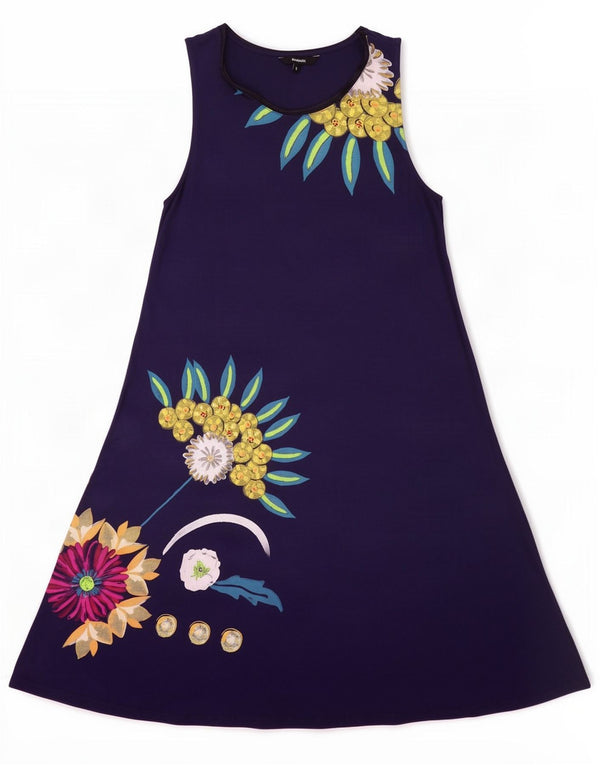 Desigual Dame Ærmeløs A-Line Kjole UK 10 Small Navy Blue Floral