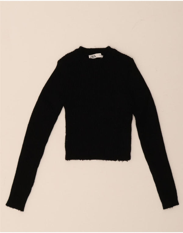 Zara Womens Crop Crew Neck Jumper Sweater UK 12 Medium Black Viscose
