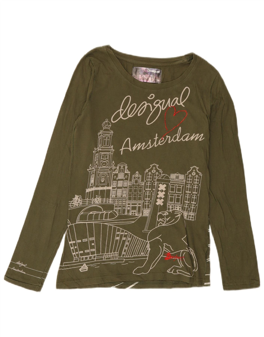 DESIGUAL Dame Grafisk Top Langærmet UK 12 Medium Khaki Bomuld