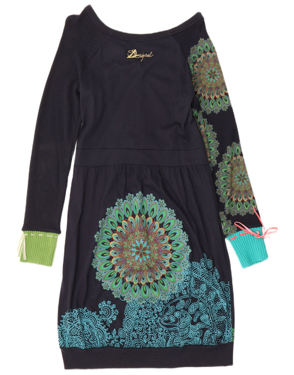 Desigual Dame Langærmet Bubble Dress UK 14 Large Navy Blue Paisley