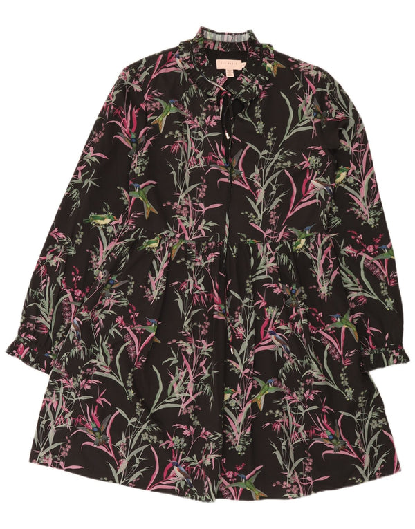 Ted Baker Dame Langærmet Tiered Kjole Størrelse 1 XS Sort Floral Bohemian