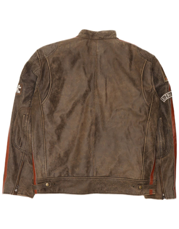 Sizma Mode Herre grafisk læder racerjakke UK 42 XL Brun Colourblock