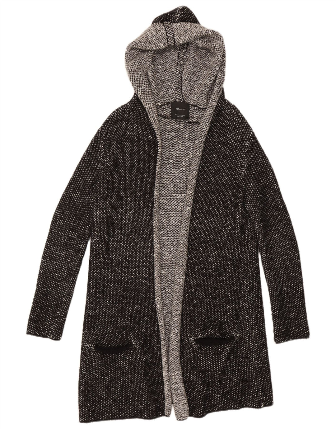 Zara Dame Longline Hooded Open Cardigan Sweater UK 14 Medium Black
