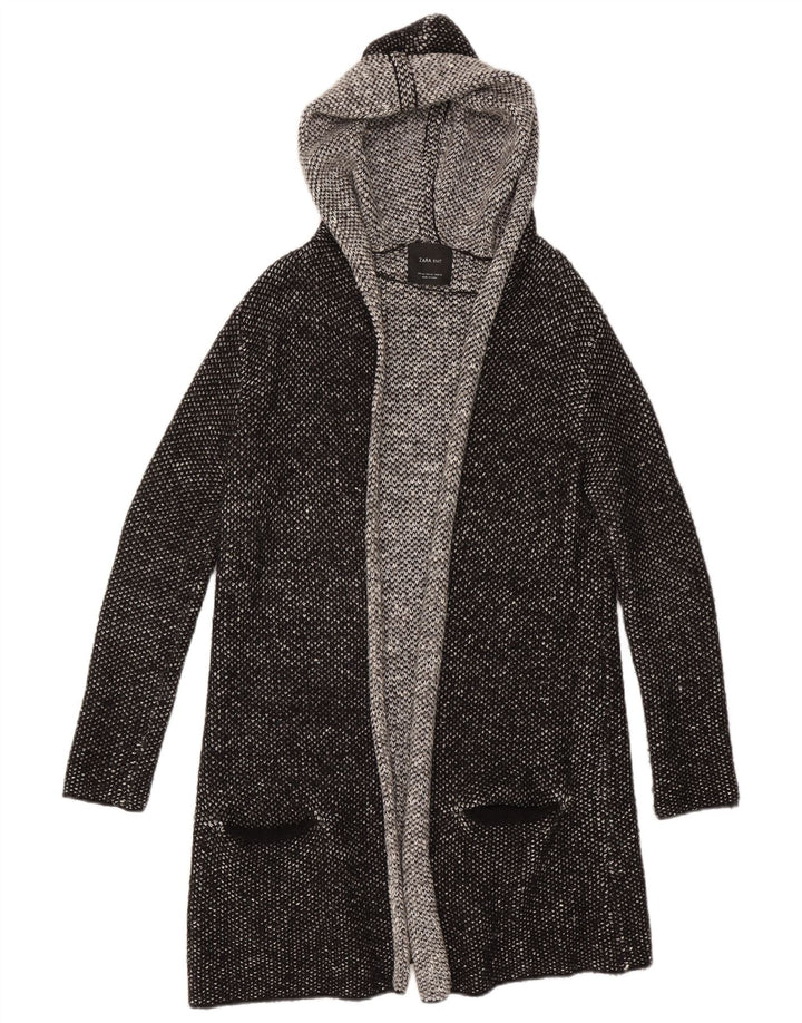 Zara Dame Longline Hooded Open Cardigan Sweater UK 14 Medium Black