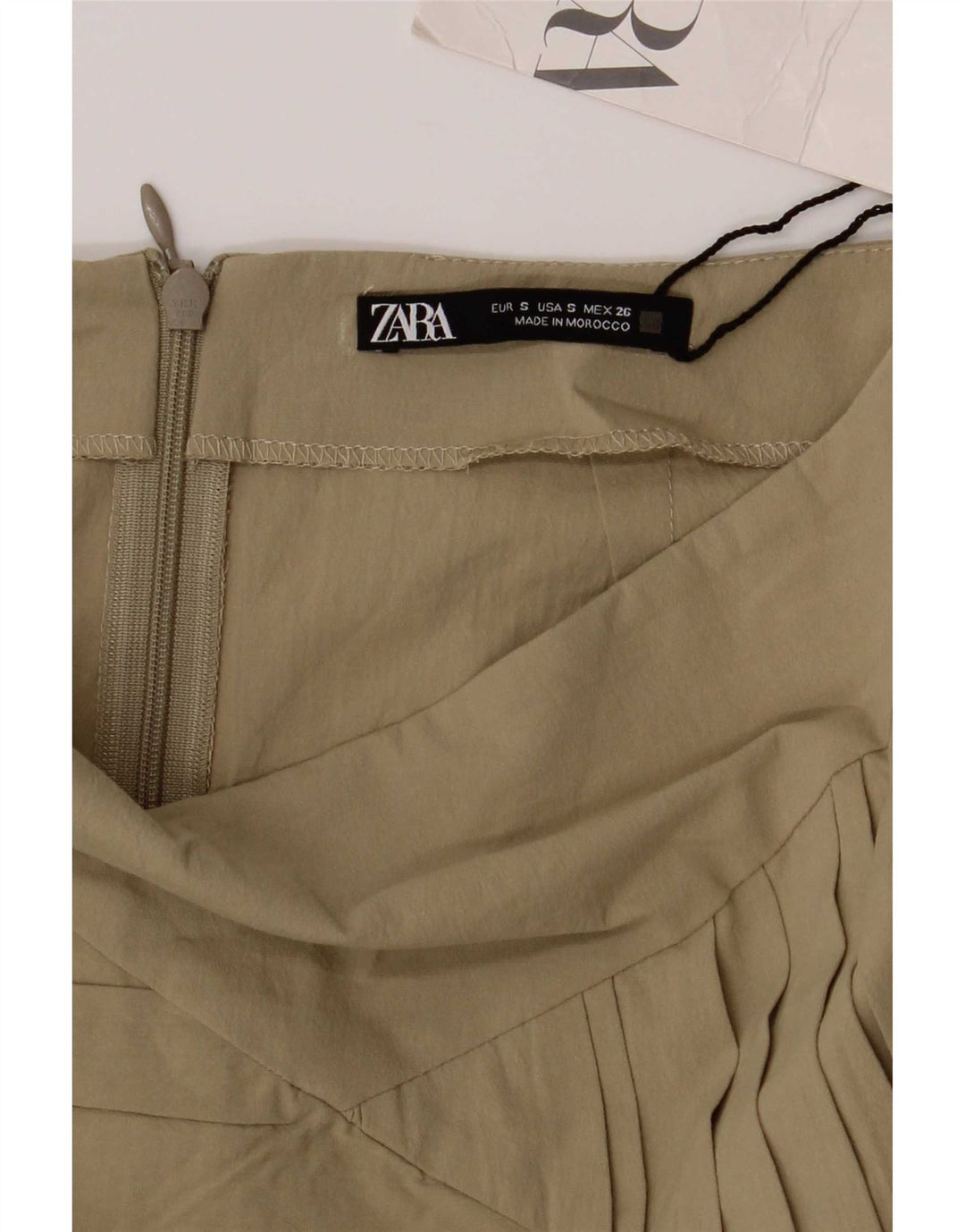Zara Dame Mini Nederdel Small W26 Khaki Bomuld