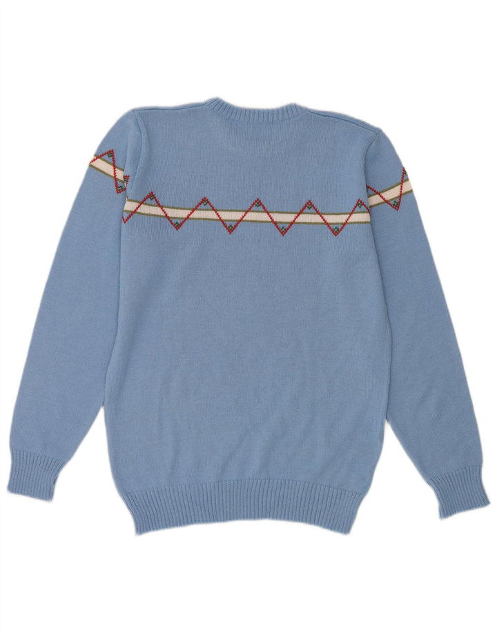 Vintage herre sweater med rund hals, lille blå geometrisk uld