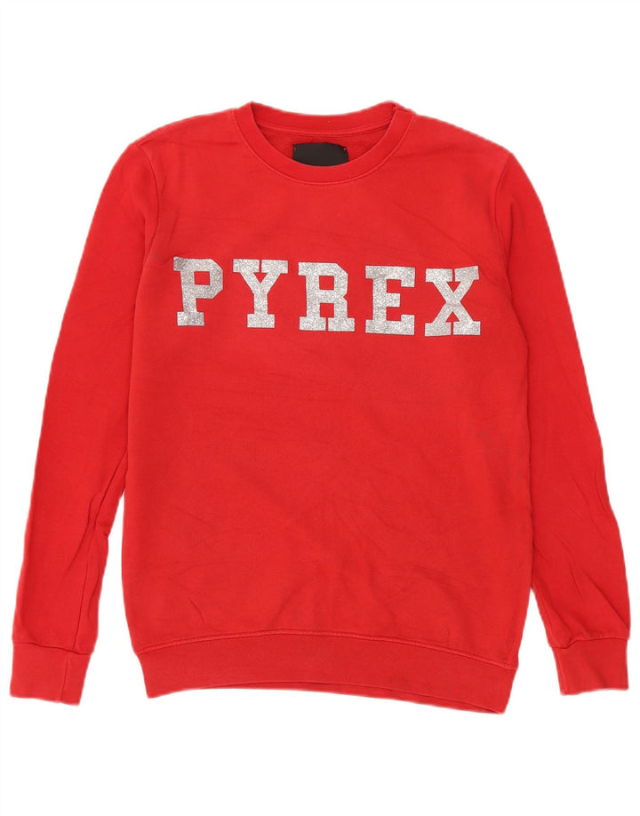 Pyrex Dame Grafisk Oversized Sweatshirt Jumper UK 10 Lille Rød Bomuld