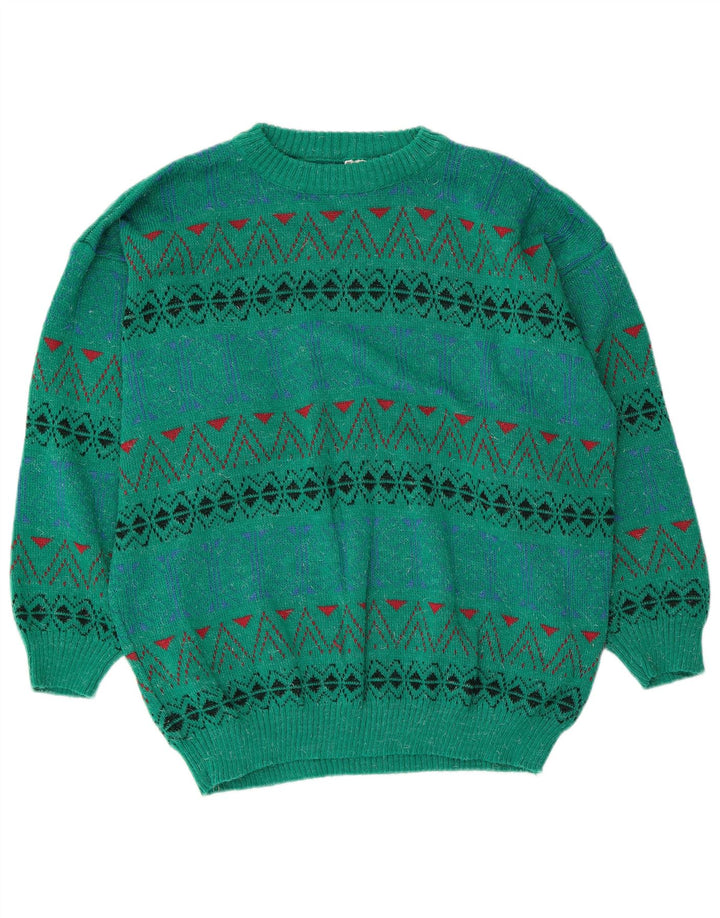 Vintage herre rund hals sweater mellemgrøn geometrisk akryl