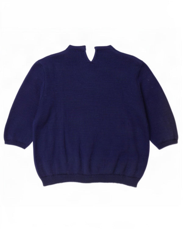 Vintage Dame 3/4 ærmer Crew Neck Jumper Sweater UK 16 Large Navy Blue