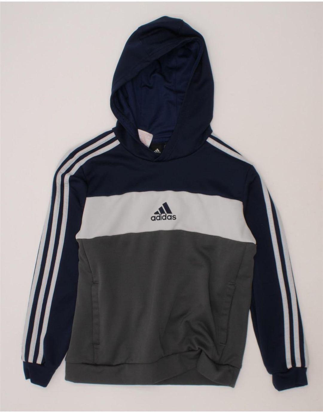 ADIDAS Boys Hoodie Jumper 11-12 Years Grey Colourblock Polyester Vintage Adidas and Second-Hand Adidas from Messina Hembry 
