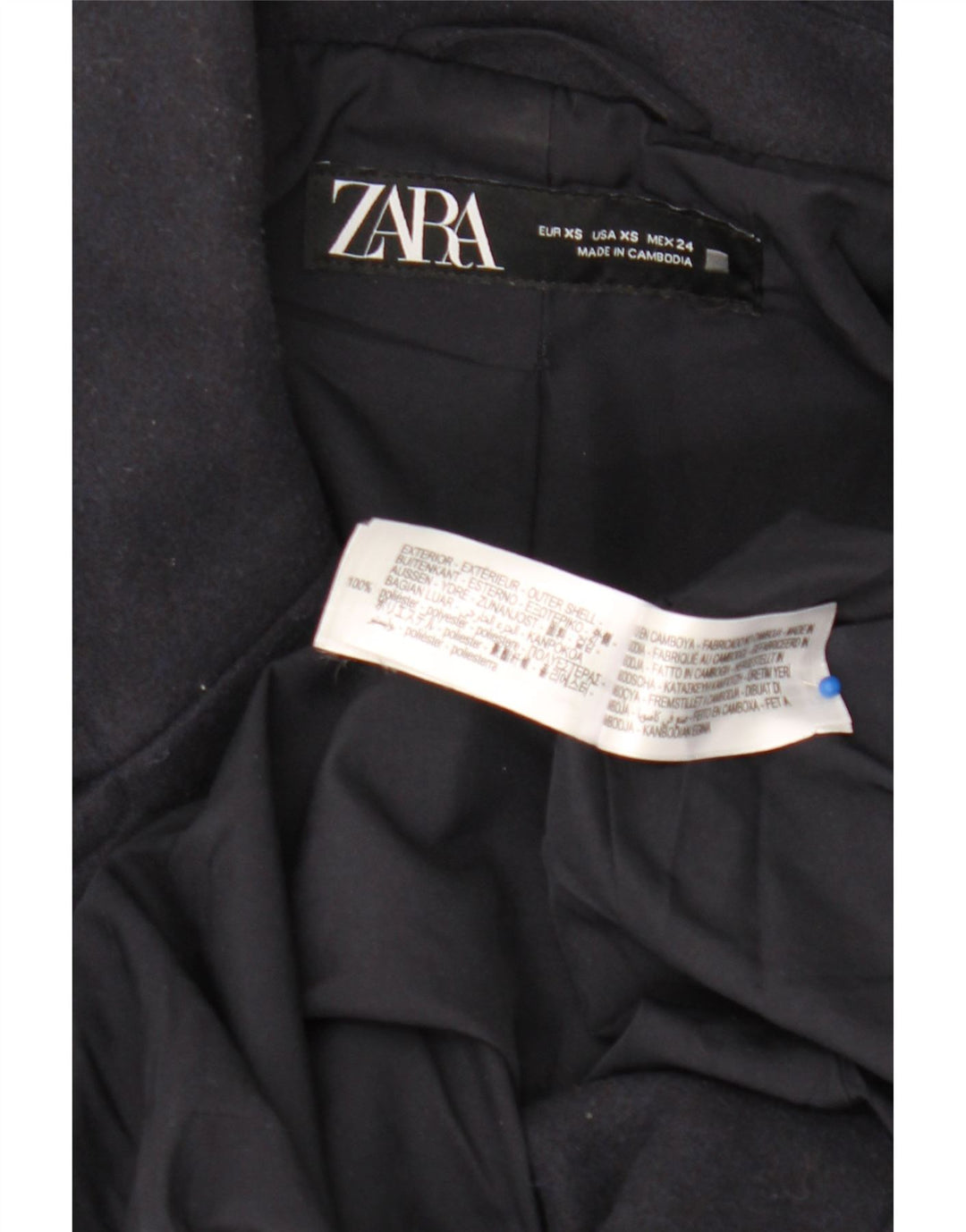 Zara Dame Oversized Dobbeltradet Frakke UK 6 XS Navy Blue Polyester