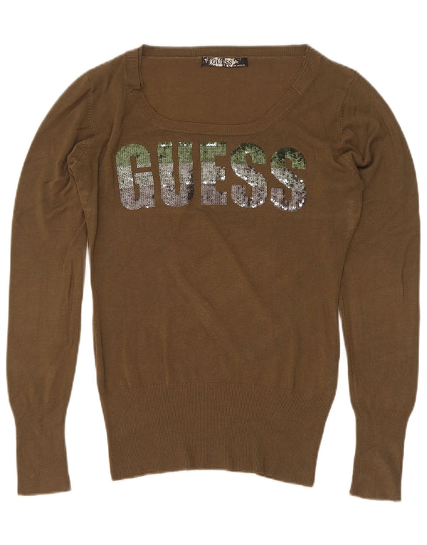 Guess Dame Grafisk Boat Neck Jumper Sweater UK 14 Stor Khaki Viscose