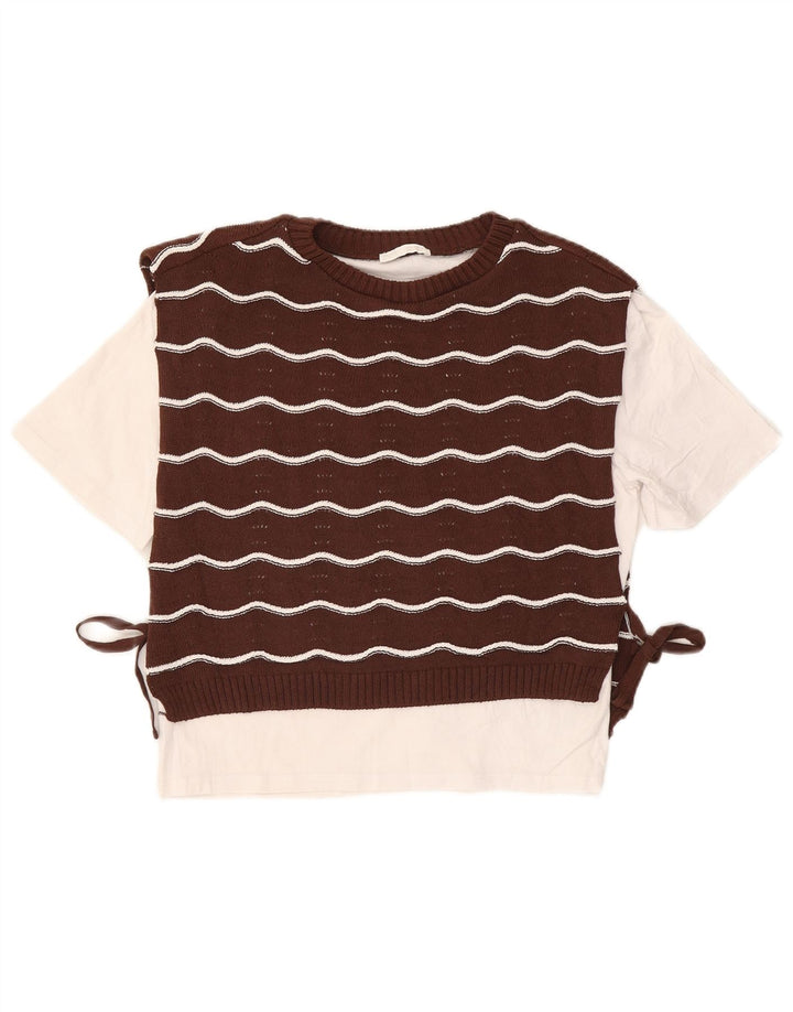 ZARA sweater med rund hals til kvinder UK 14 Mellem brun stribet