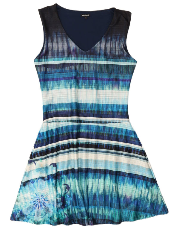 Desigual Dame Ærmeløs A-Line Kjole UK 14 Stor Blå Stribet Polyester