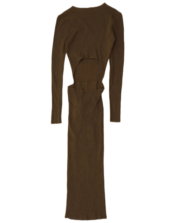 Zara Dame Langærmet Maxi Bodycon Kjole UK 8 Small Khaki Viscose