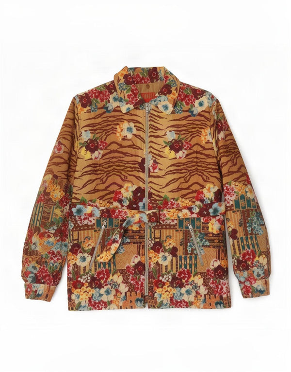 Jungle Kenzo Womens Bomber Jacket UK 16 Large Beige Floral Cotton Retro