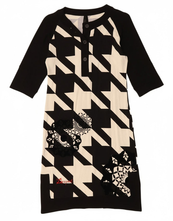DESIGUAL Womens 3/4 Sleeve Shift Dress UK 10 Small Black Geometric
