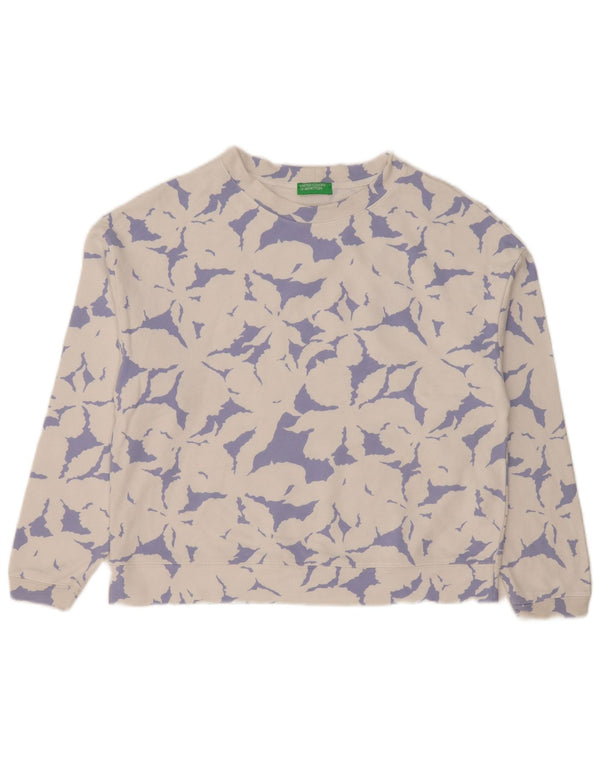 Benetton Womens Oversized Sweatshirt Jumper UK 10 Small White Floral Bomuld