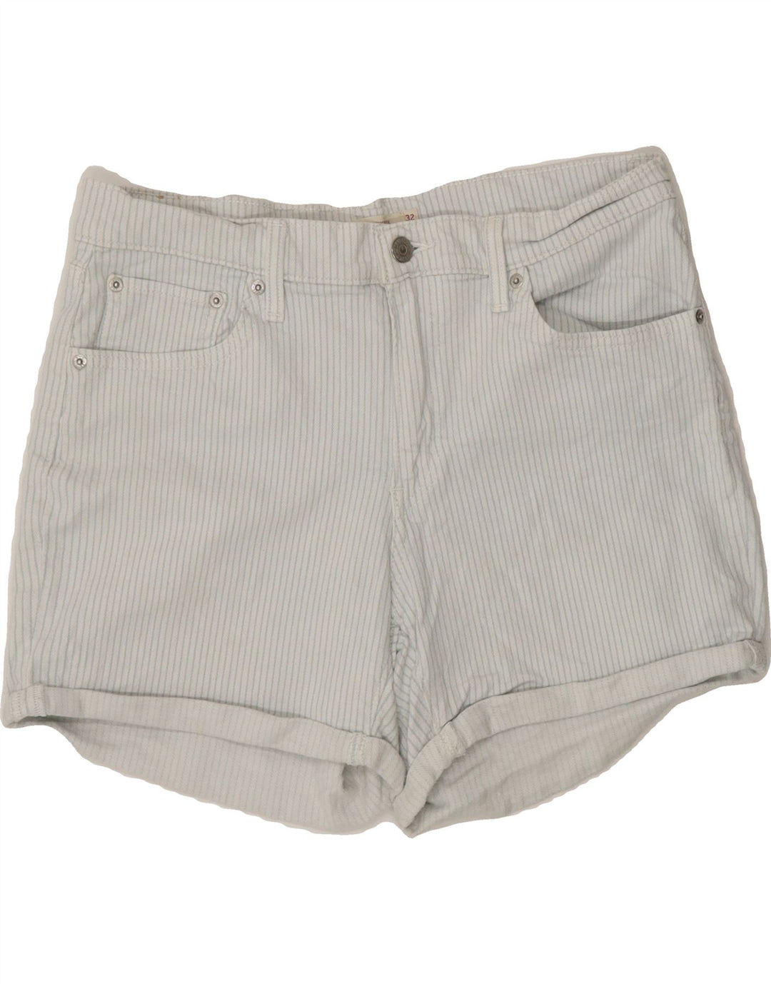 LEVI'S Womens Mid Rise Denim Shorts W32 Medium White Striped Cotton Vintage Levi's and Second-Hand Levi's from Messina Hembry 