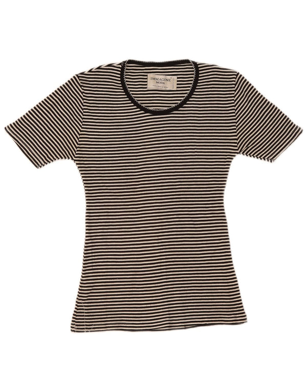 Vintage Dame T-Shirt Top UK 10 Lille Sort Stribet