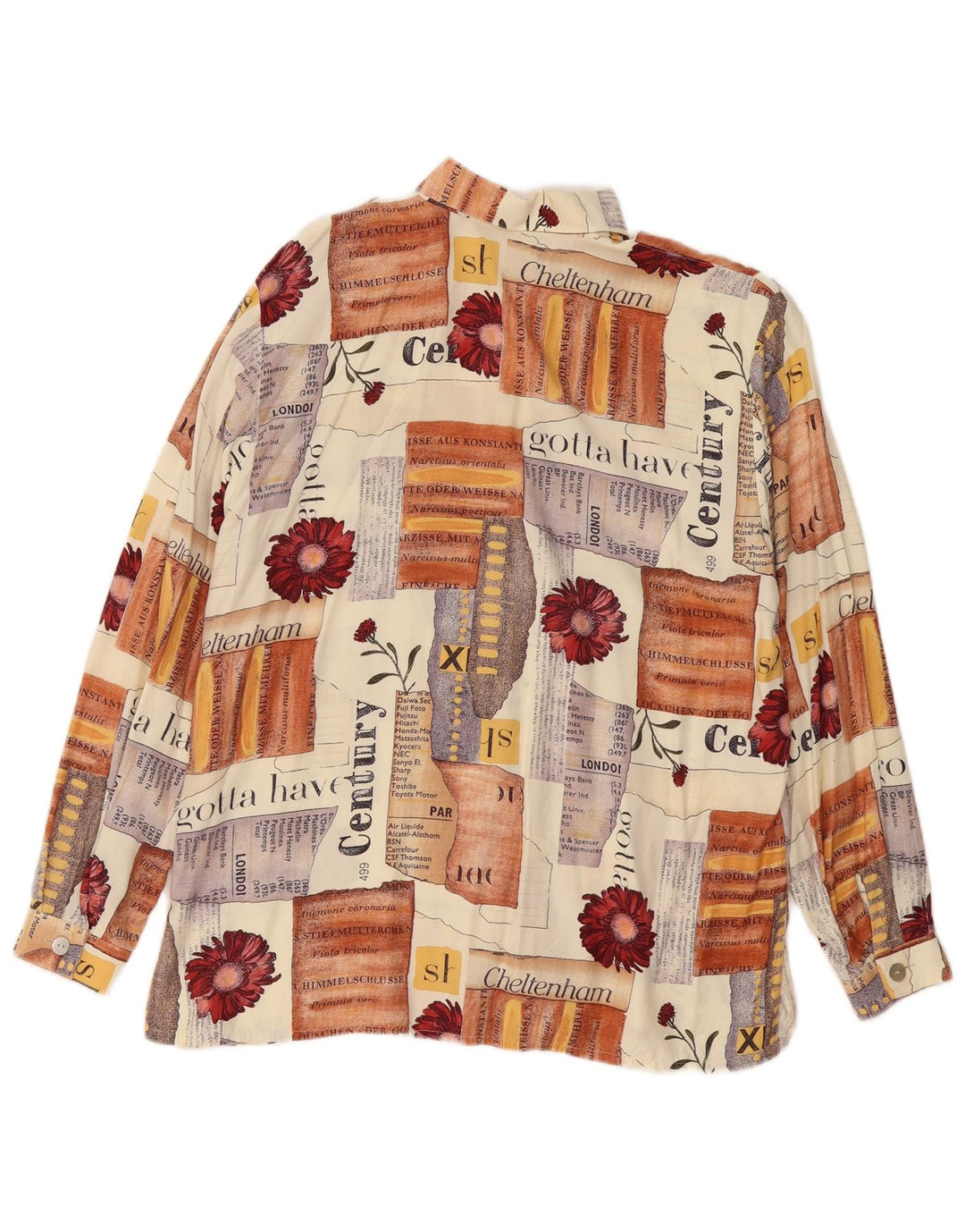 Vintage kvinders grafisk skjortebluse EU 40 Medium Beige Patchwork Viscose