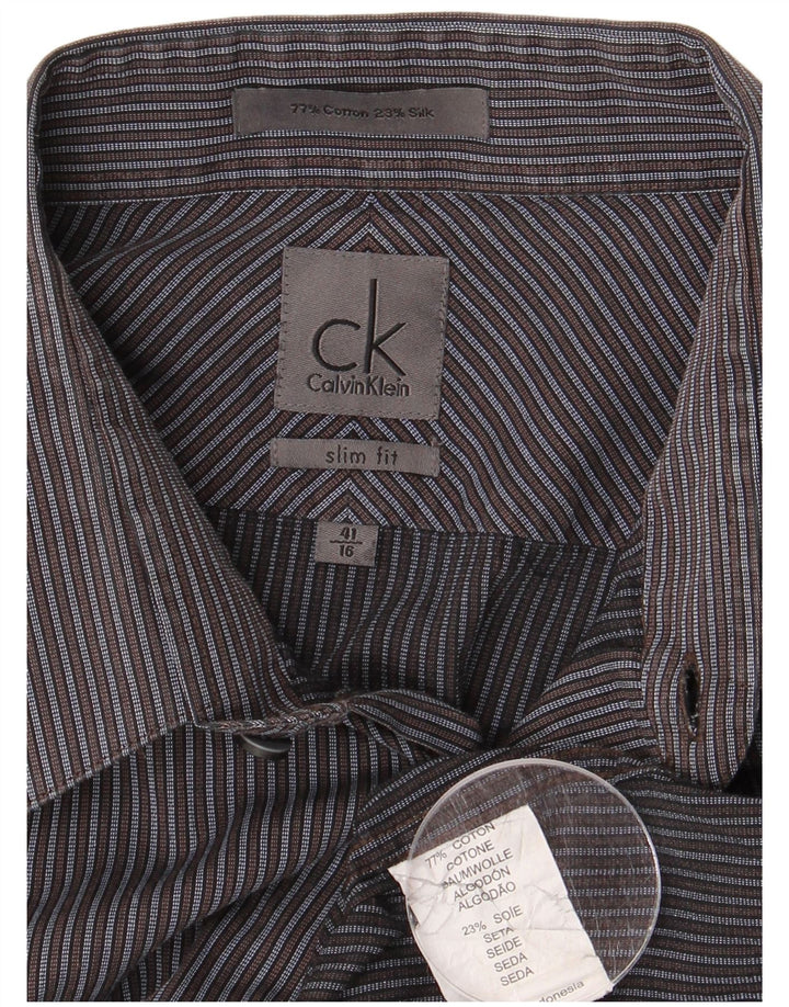 CALVIN KLEIN Herre Slim Fit skjorte str. 41 16 Stor gråstribet bomuld