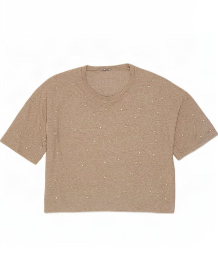 Zara Dame Trafaluc Oversized bluse Top UK 10 Small Beige Spotted