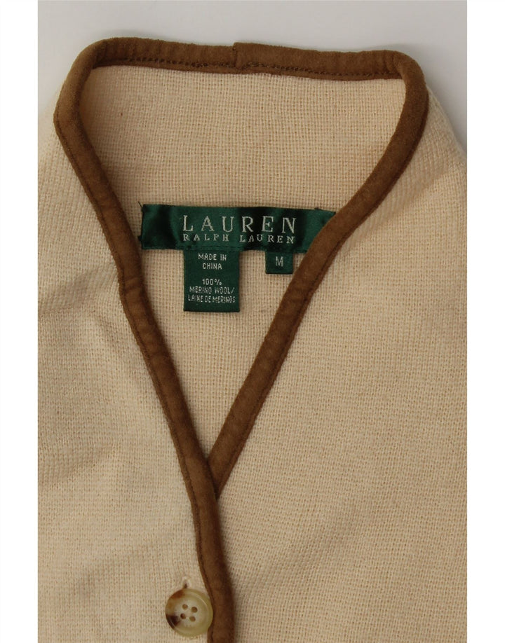 Ralph Lauren Dame Cardigan Sweater UK 12 Medium Beige Merino Uld