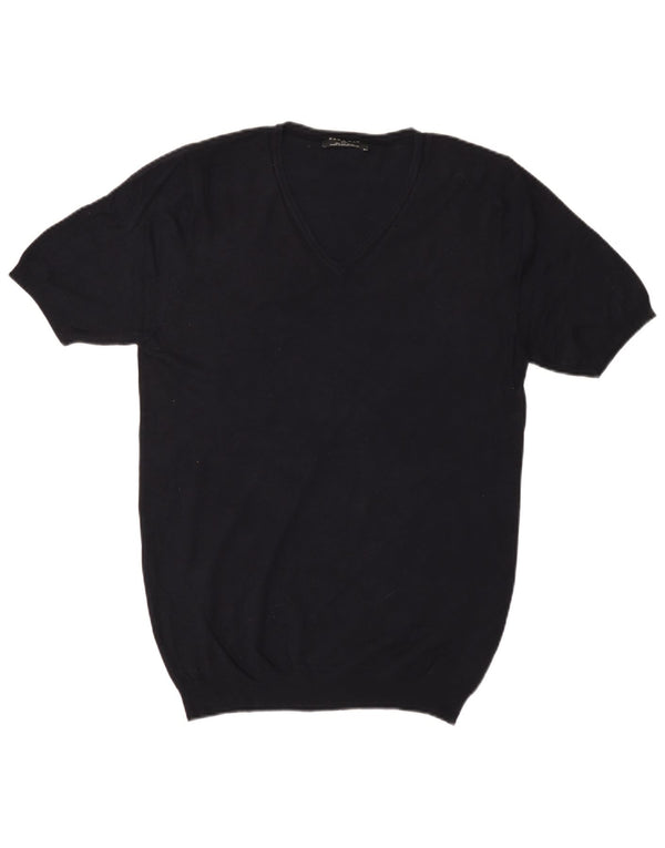 Zara Herre Basic kortærmet V-hals sweater Stor marineblå viskose