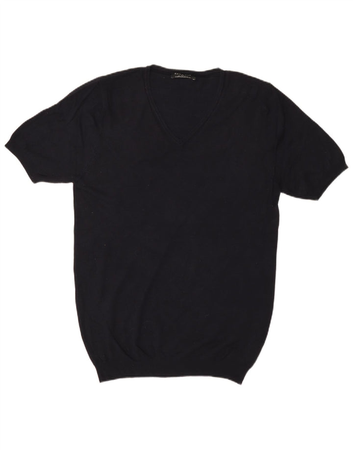 Zara Herre Basic kortærmet V-hals sweater Stor marineblå viskose