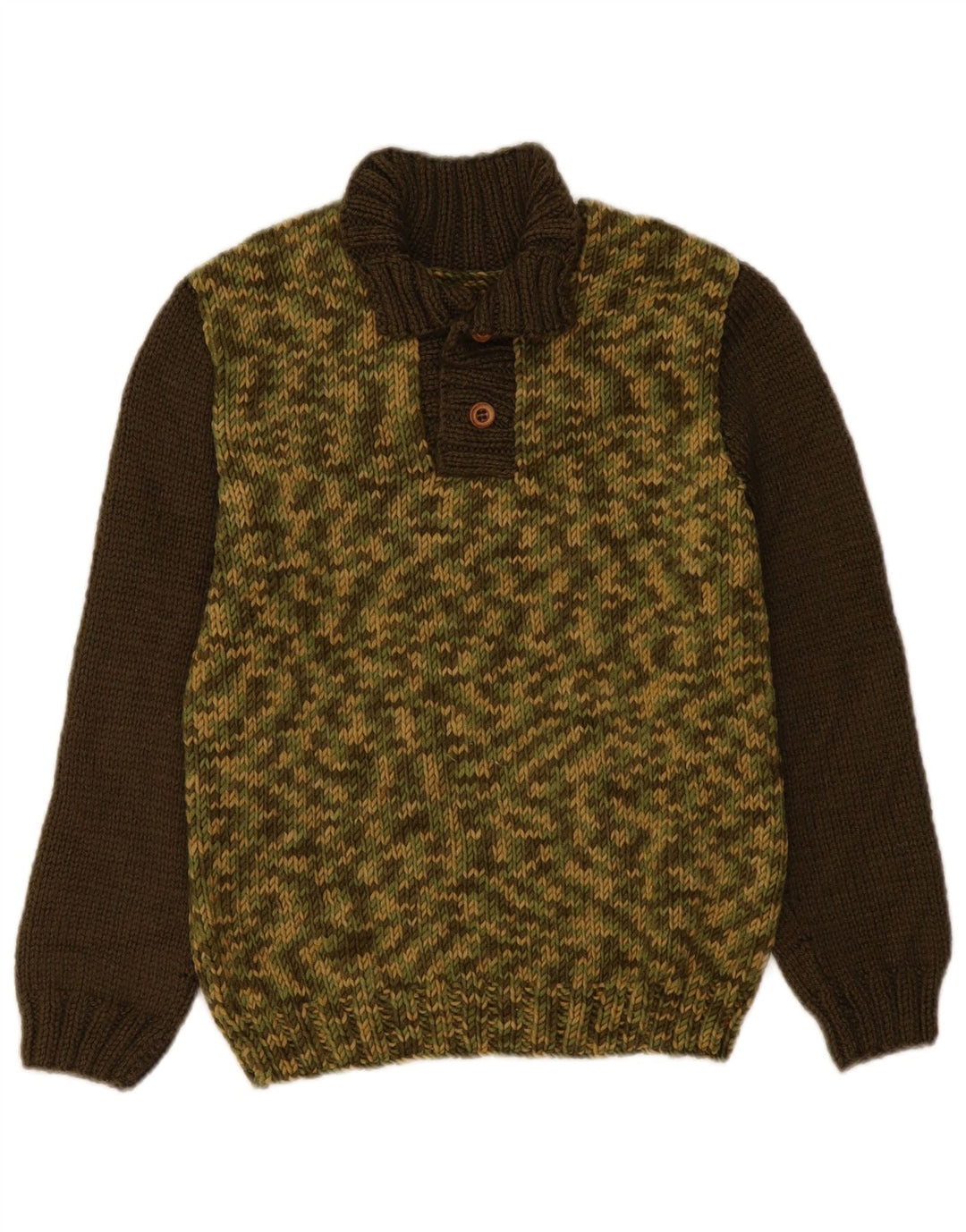 Vintage Dame Button Neck Jumper Sweater UK 14 Medium Khaki Colourblock