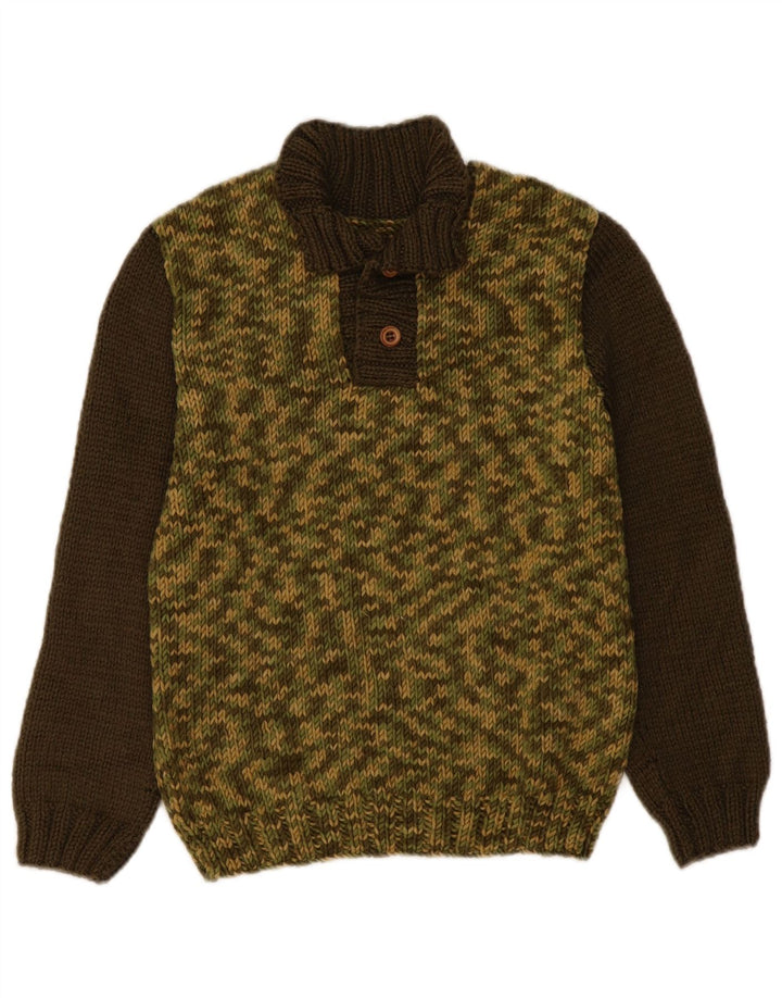 Vintage Dame Button Neck Jumper Sweater UK 14 Medium Khaki Colourblock