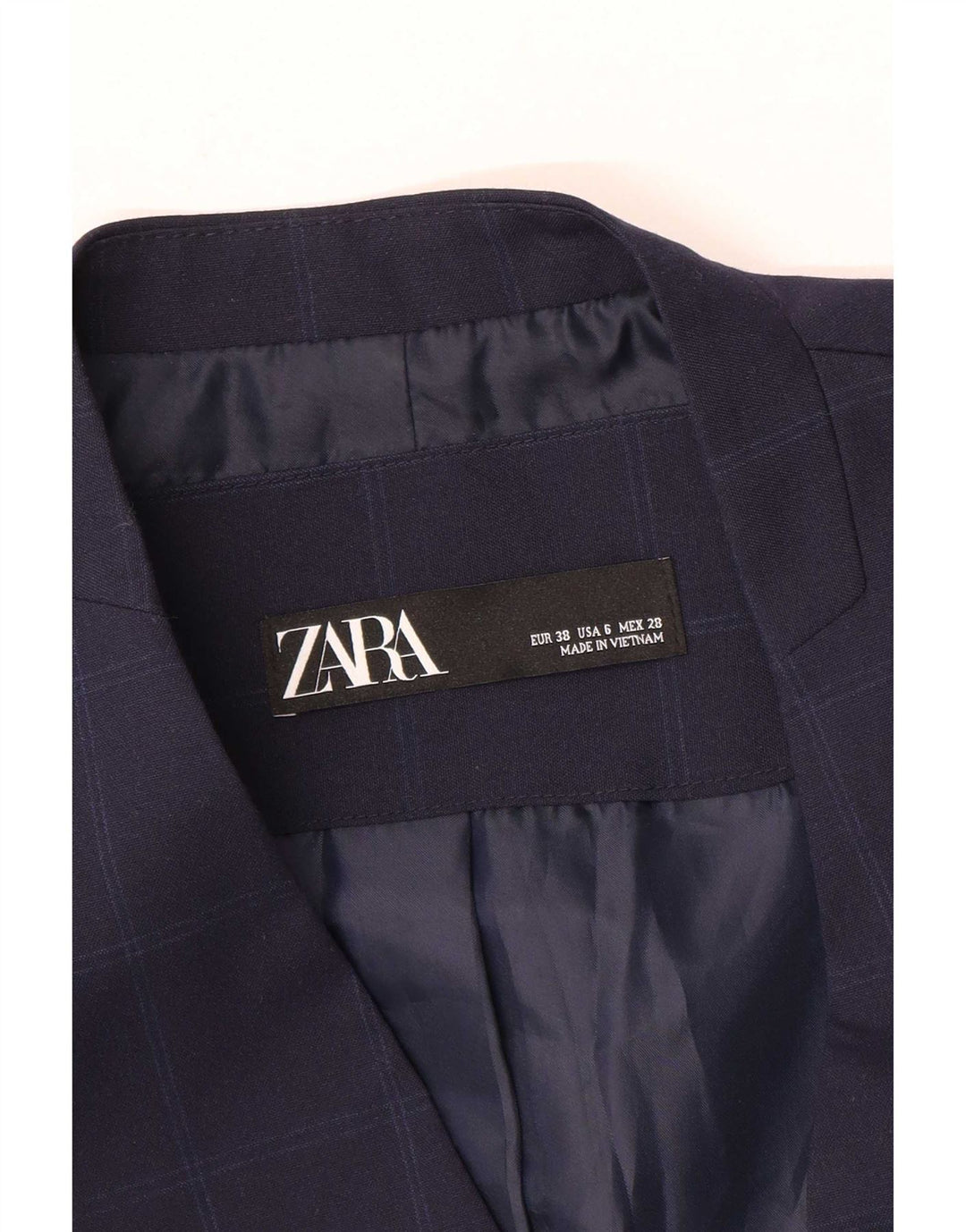 Zara Dame 1-knap blazerjakke EU 38 Small Navy Blue Check
