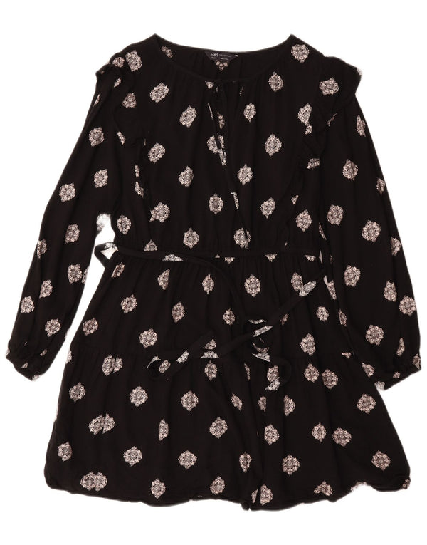 Marks & Spencer Dame Langærmet A-Line Kjole UK 12 Medium Black Floral