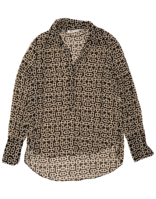 Zara Dame Langærmet Oversized Bluse Top UK 6 XS Sort Geometrisk