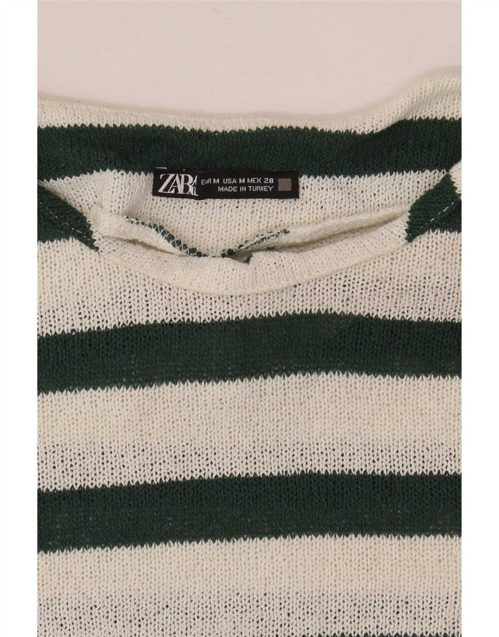 Zara Dame T-Shirt Top UK 14 Medium Hvid Stribet