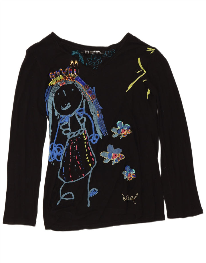 DESIGUAL Dame Grafisk Top Langærmet UK 16 Large Sort