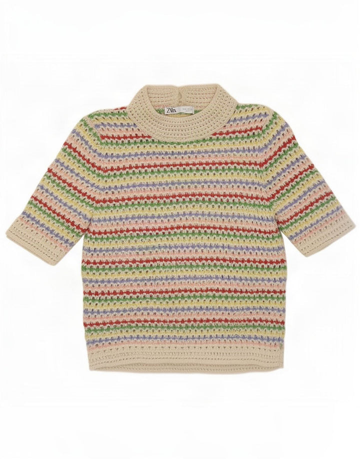 Zara Hæklet Crop Top UK 12 Medium Flerfarvet Stribet Bomuld