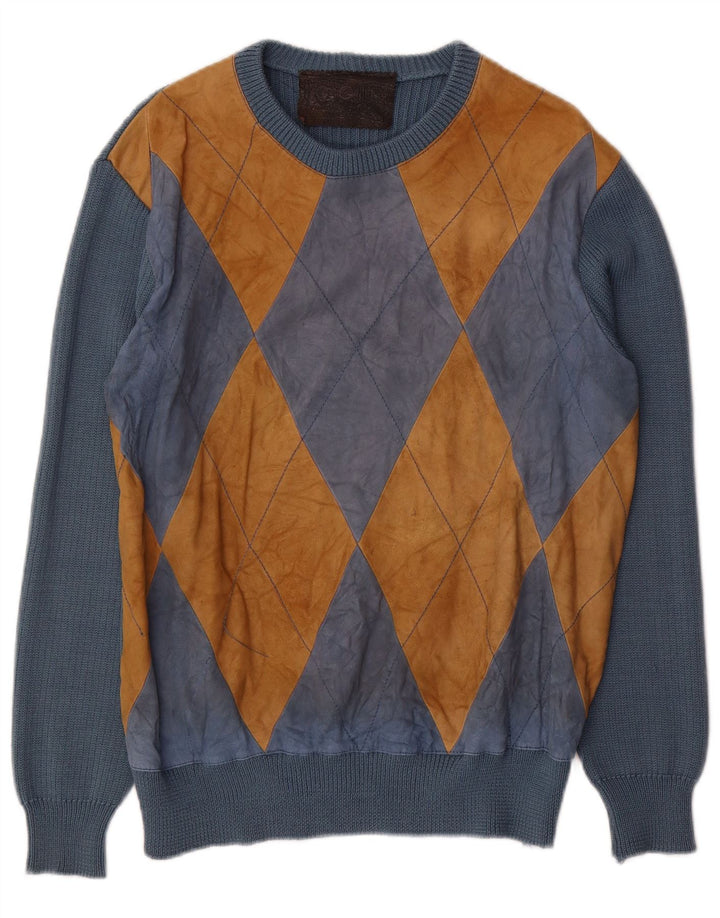 Vintage herre rund hals sweater mellemblå Argyle/diamant akryl