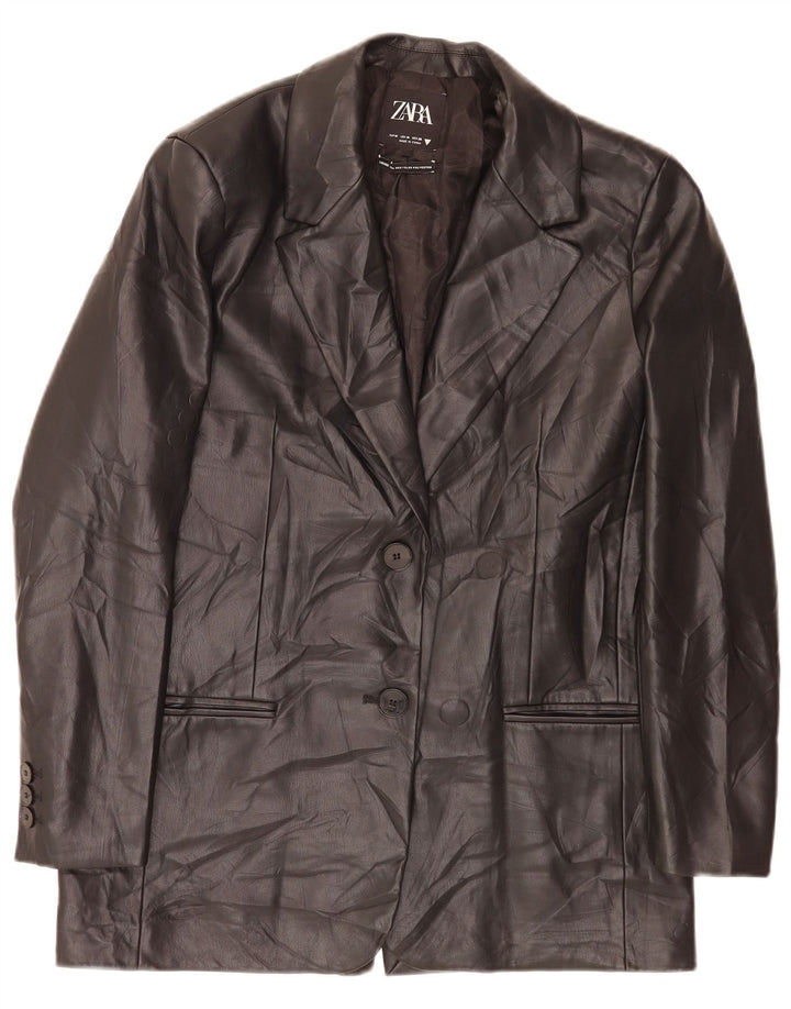 Zara Dame 2-knaps imiteret læder blazerjakke UK 14 Medium Black Classic