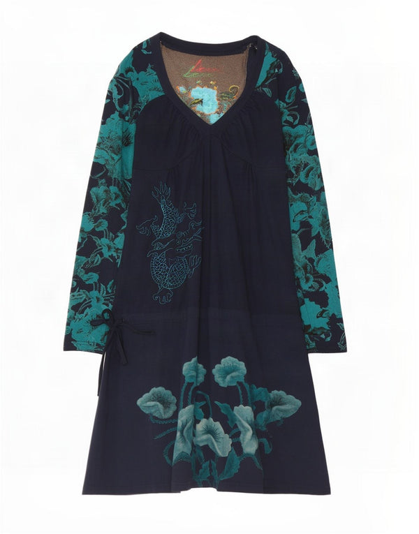 Desigual Womens Long Sleeve Drop Waist Dress UK 12 Medium Navy Blue Floral