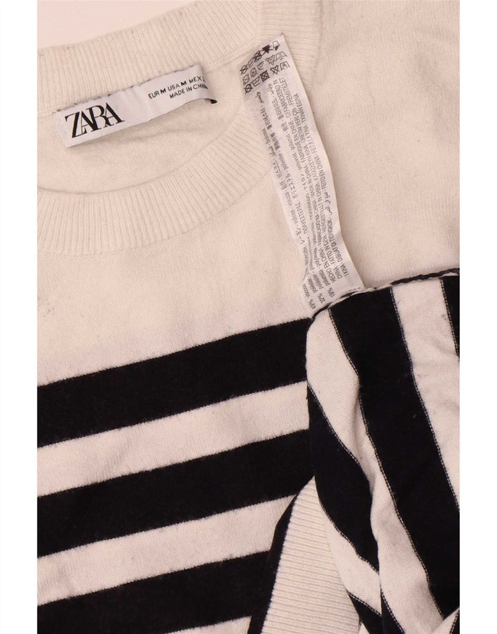 Zara Dame Oversized Crew Neck Jumper Sweater UK 14 Mellem hvid stribet