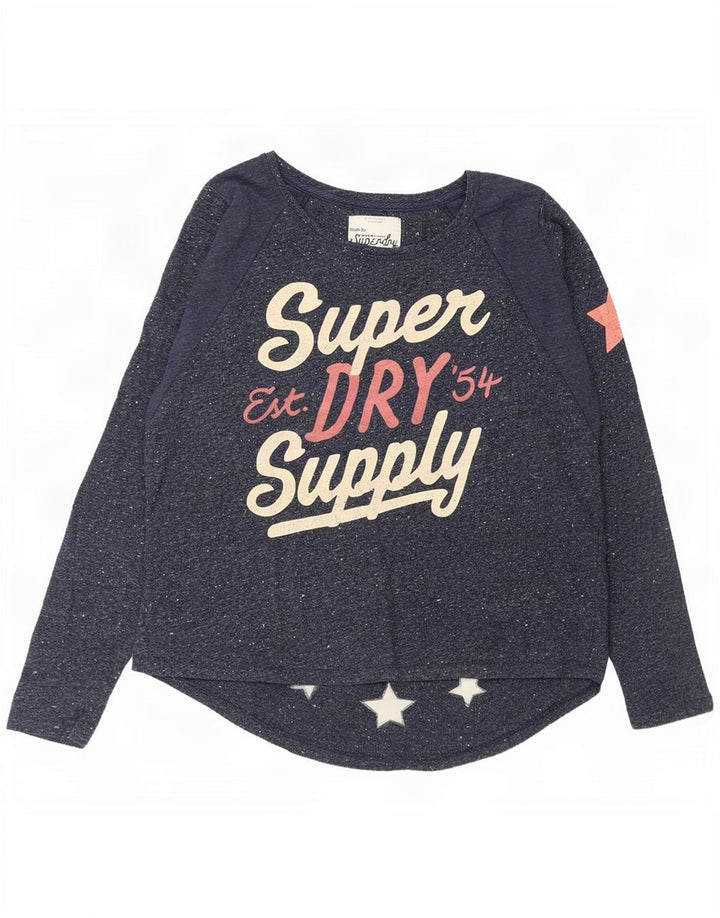 Superdry grafisk top til kvinder, langærmet UK 14 Medium Navy Blue Flecked