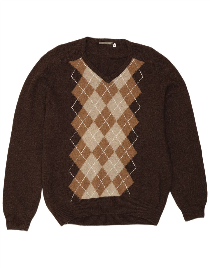 Vintage Herre V-hals sweater XL Brun Argyle/Diamond Wool