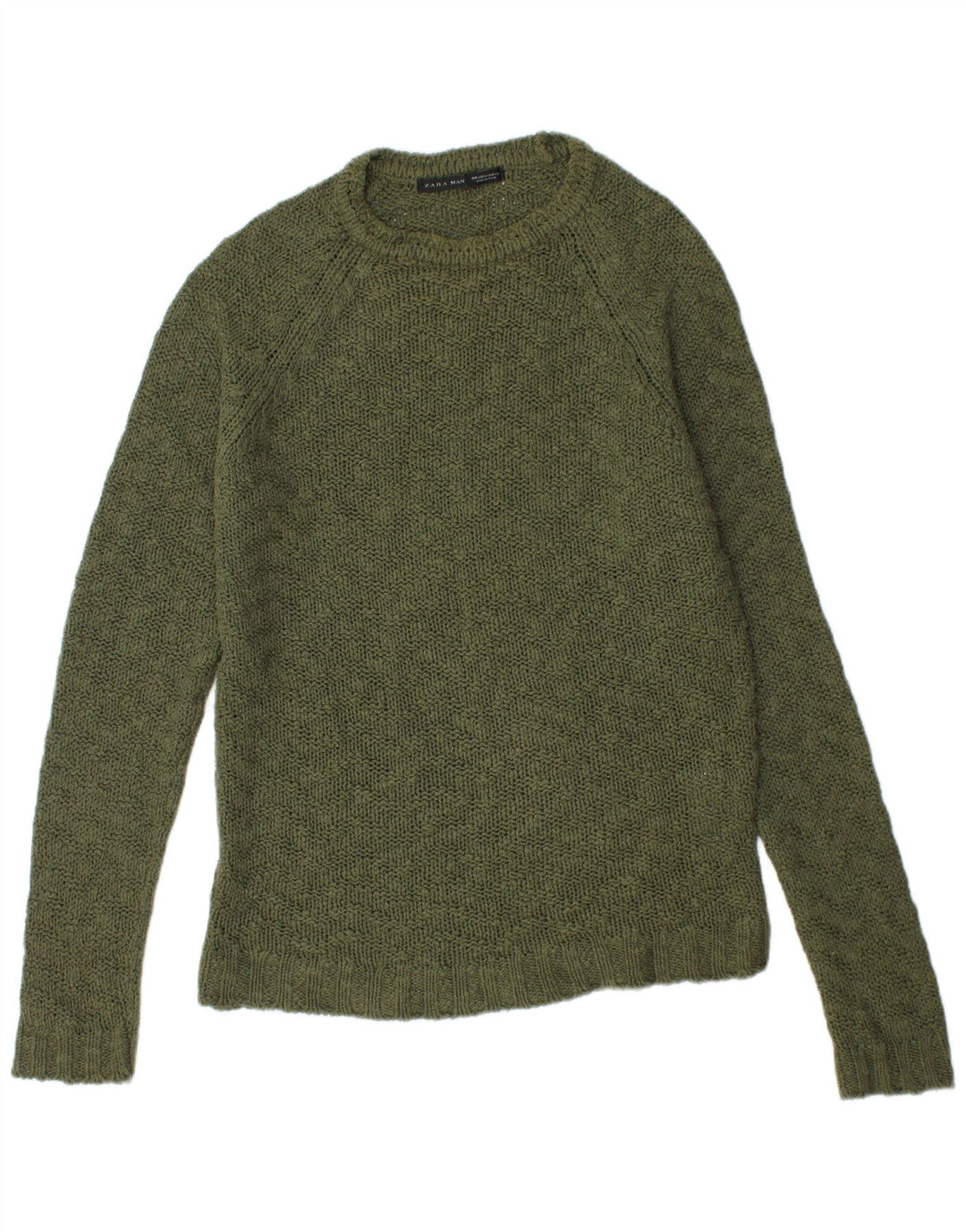 ZARA Herre Crew Neck Jumper Sweater Stor Khaki Bomuld
