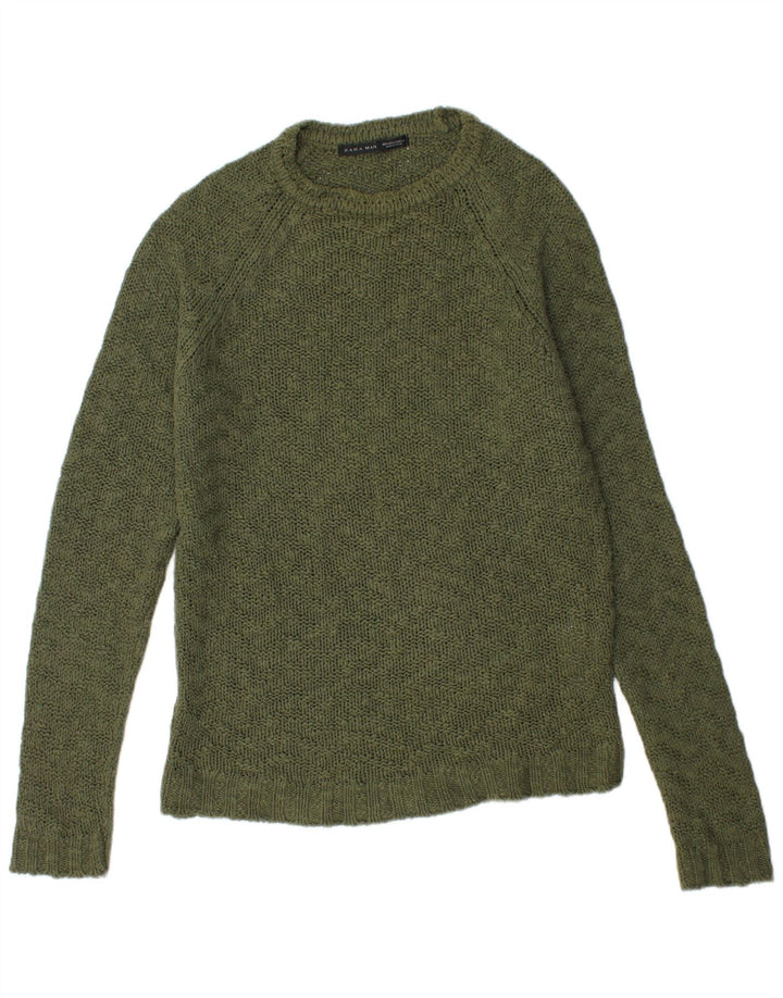 ZARA Herre Crew Neck Jumper Sweater Stor Khaki Bomuld